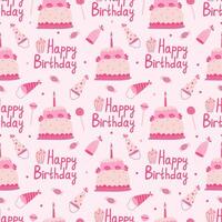 Seamless pattern with birthday cakes, hats and lollipops. Hand drawn flat vector illustration on pink background. Great for celebration, party and birthday themes.