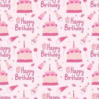 Seamless pattern with birthday cakes, hats and lollipops. Hand drawn flat vector illustration on pink background. Great for celebration, party and birthday themes.