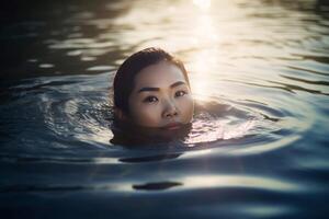 ai generado hermosa chino mujer flotante agua en lago. generar ai foto