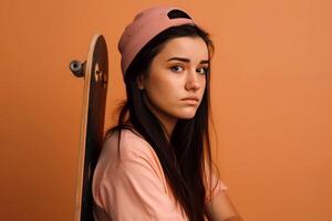 AI generated Pretty dark haired female teenager with skateboard studio portrait. Generate ai photo