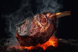 AI generated Barbeque grill tomahawk steak on fire flame. Generate ai photo