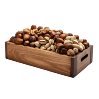 AI generated nuts in wooden box on transparent background PNG image