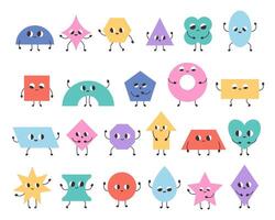 Cute cartoon geometric shapes characters. Basic abstract geometry figures with cartoon faces. Trendy educational objects for preschool kids. Vector illustration in flat style