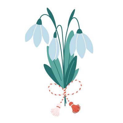 Snowdrop flower with Martisor talisman. Traditional accessory for holiday of early spring in Romania and Moldova