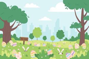 Spring meadow with hidden eggs for Easter egg hunt. Easter Event Celebration in Spring Park. Holiday tradition game for children vector