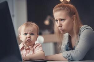 ai generado trastornado niñito ordenador portátil juego de azar madre. generar ai foto