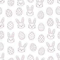 Outline bunny faces with Easter eggs seamless pattern. Coloring book. Happy Easter. vector
