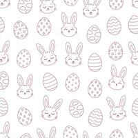 Outline bunny faces with Easter eggs seamless pattern. Coloring book. Happy Easter. vector