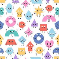 Seamless pattern with cartoon geometric shapes characters. Basic abstract geometry figures with cartoon faces. vector