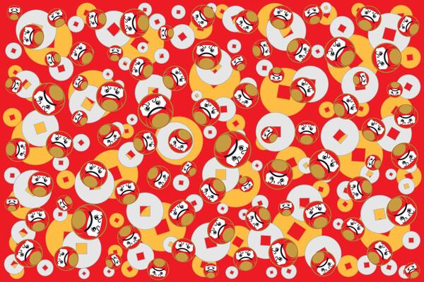 Illustration, The Daruma doll with gold and silver lucky coin on red background.