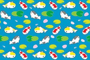 Illustration pattern of koi fish with lotus leaf and petal fall on blue background. vector