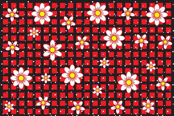Illustration, pattern of white flower with white dot on black table and red background.