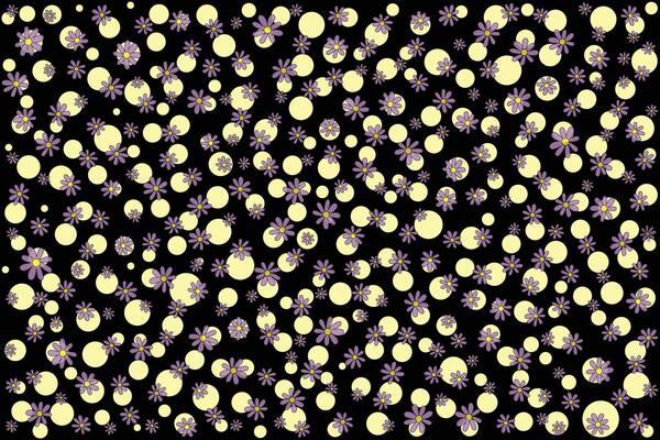 Illustration pattern of violet flower with soft yellow circle on black background.