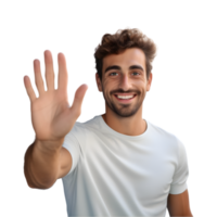 ai generiert Mann winken Hand und lächelnd auf transparent Hintergrund png Bild