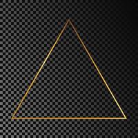 Gold glowing triangle frame isolated on dark background. Shiny frame with glowing effects. Vector illustration.