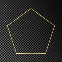 Gold glowing pentagon shape frame isolated on dark background. Shiny frame with glowing effects. Vector illustration.