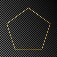 Gold glowing pentagon shape frame isolated on dark background. Shiny frame with glowing effects. Vector illustration.