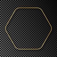 Gold glowing rounded hexagon frame with shadow isolated on dark background. Shiny frame with glowing effects. Vector illustration.