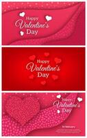 Happy Valentines Day Background. Set of three horizontal banners. Valentines day poster with red, white and pink hearts. Vector illustration.