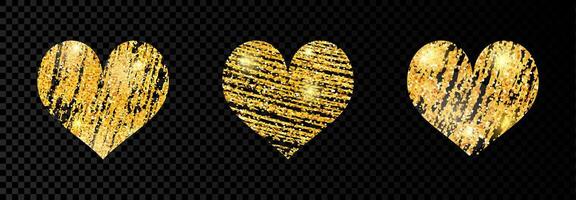 Set of three heart with golden glittering scribble paint on dark background. Background with gold sparkles and glitter effect. Empty space for your text. Vector illustration