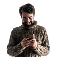 ai généré homme en portant mobile et souriant sur transparent Contexte png image