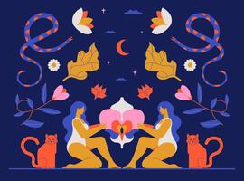 A mystical drawing of the interaction of two women and an orchid, a symbol of sacred femininity. Boho illustration with flowers, witches, moon, snakes, cats. vector