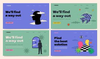 A set of landing page templates with different outlined characters and textured shapes. A metaphor of interaction, cognition, spiritual development. vector
