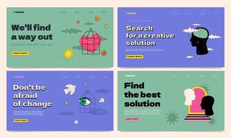 A set of web page templates with different outlined characters and textured shapes. A metaphor of one's own cognition, psychotherapy, struggle with stereotypes, interaction with others. vector