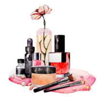 Set of decorative cosmetics. Powder, nail polish, highlighter, brush, pipette bottle hand-painted in watercolor. Isolated pictures of makeup. For design or for sales. png