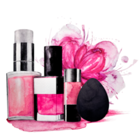 Set of decorative cosmetics. Eyeshadow, nail polish, highlighter, concealer, blush hand-painted in watercolor. Isolated pictures of makeup. For design or for sales. png