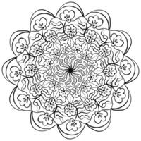 Simple outline mandala with flowers and ornate patterns, meditative coloring page vector