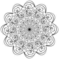 Simple outline mandala with flowers and ornate patterns, meditative coloring page vector