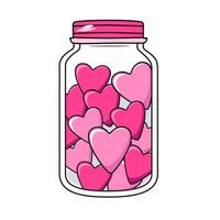 Cute vector icon jar with pink red hearts for Valentine day. Flat design element collection. Minimal cartoon illustration for design web banner and greeting card