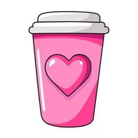 Cute vector icon coffee with pink heart for Valentine day. Flat design element collection. Minimal cartoon illustration for design web banner and greeting card