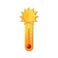 Vector yellow thermometer in hot summer weather conditions. Icon with symbol sun in flat design. Illustration for card, banner, poster, 2d, package