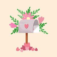 A gray metal mailbox on a brown foot with Valentine s Day envelopes stands in a pile of scattered pink hearts. Flowers and leaves are growing out of the box in different directions. Vector. vector