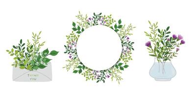 un conjunto de decorativo elementos con flores ramo de flores en un florero, marco y sobre aislado en un blanco antecedentes. vector