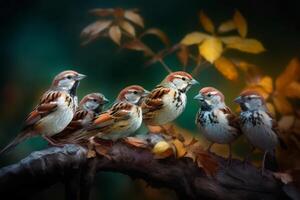 AI generated Sparrows on tree branch vibrant photo. Generate Ai photo