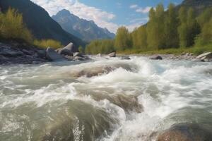 AI generated River water flowing from mountain. Generate ai photo