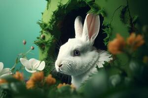 AI generated Charming white bunny peaking out green hole. Generate ai photo