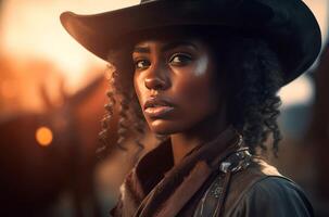AI generated Beautiful curly African cowgirl with hat. Generate ai photo