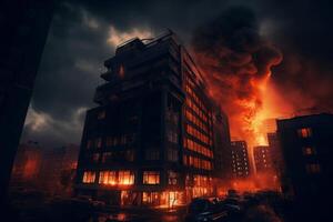 AI generated Building dangerous explosion dark city life. Generate ai photo