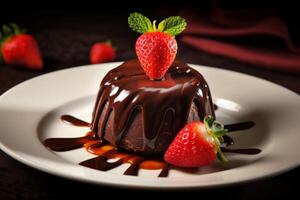 AI generated Delicious chocolate covered dessert with strawberry topping. Generate ai photo