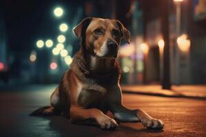 AI generated Dog lying on illuminated night pathway. Generate ai photo