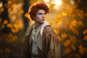 AI generated Handsome male with ginger hair in autumn forest. Generate ai photo