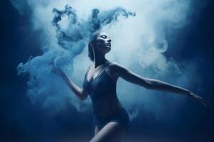 AI generated Female dancer choreography with blue cloudy dust. Generate ai photo