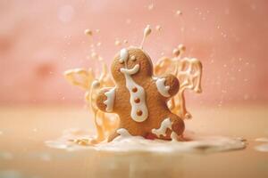 ai generado Leche salpicaduras con pan de jengibre Galleta. generar ai foto