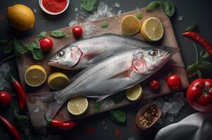 AI generated Attention grabbing visually appealing whole fishes on wooden board. Generate ai photo