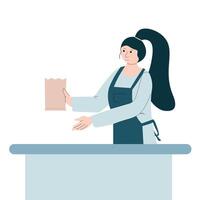 A cashier in a store, an isolated character working in a store.  Making purchases and paying for purchased goods. Vector illustration in a flat cartoon style