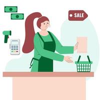 un cajero en un almacenar, un aislado personaje trabajando en un almacenar. haciendo compras y pago para comprado bienes. vector ilustración en un plano dibujos animados estilo